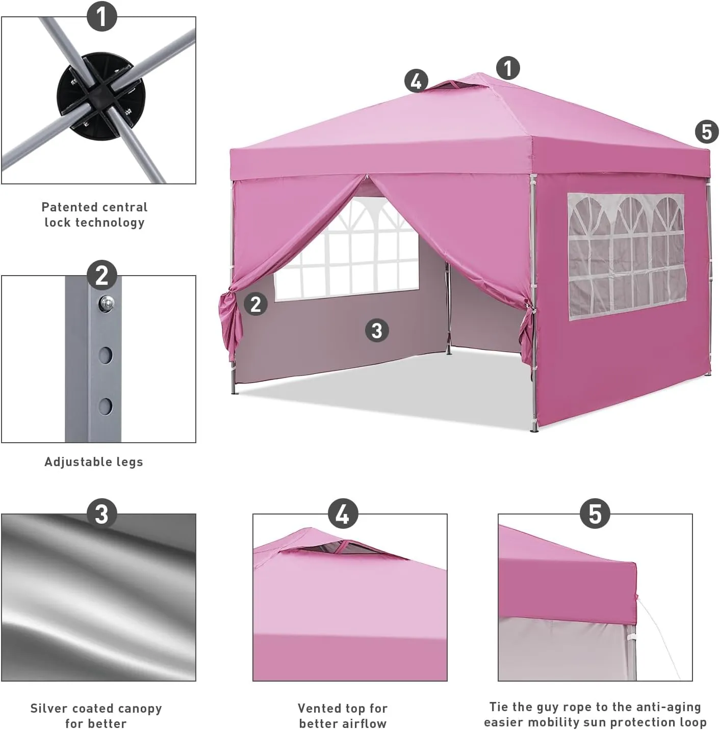 GDY 10x10ft Pop Up Canopy Tent with Sidewalls, Outdoor Canopy Tent, Beach Tent, Easy Set up Gazebo for Events, Parties, Camping, Pink.