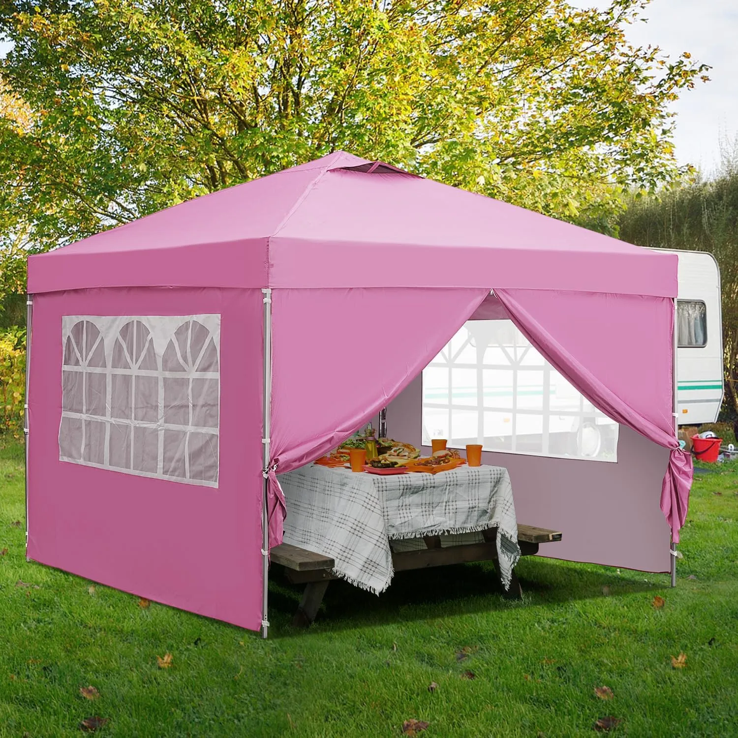 GDY 10x10ft Pop Up Canopy Tent with Sidewalls, Outdoor Canopy Tent, Beach Tent, Easy Set up Gazebo for Events, Parties, Camping, Pink.