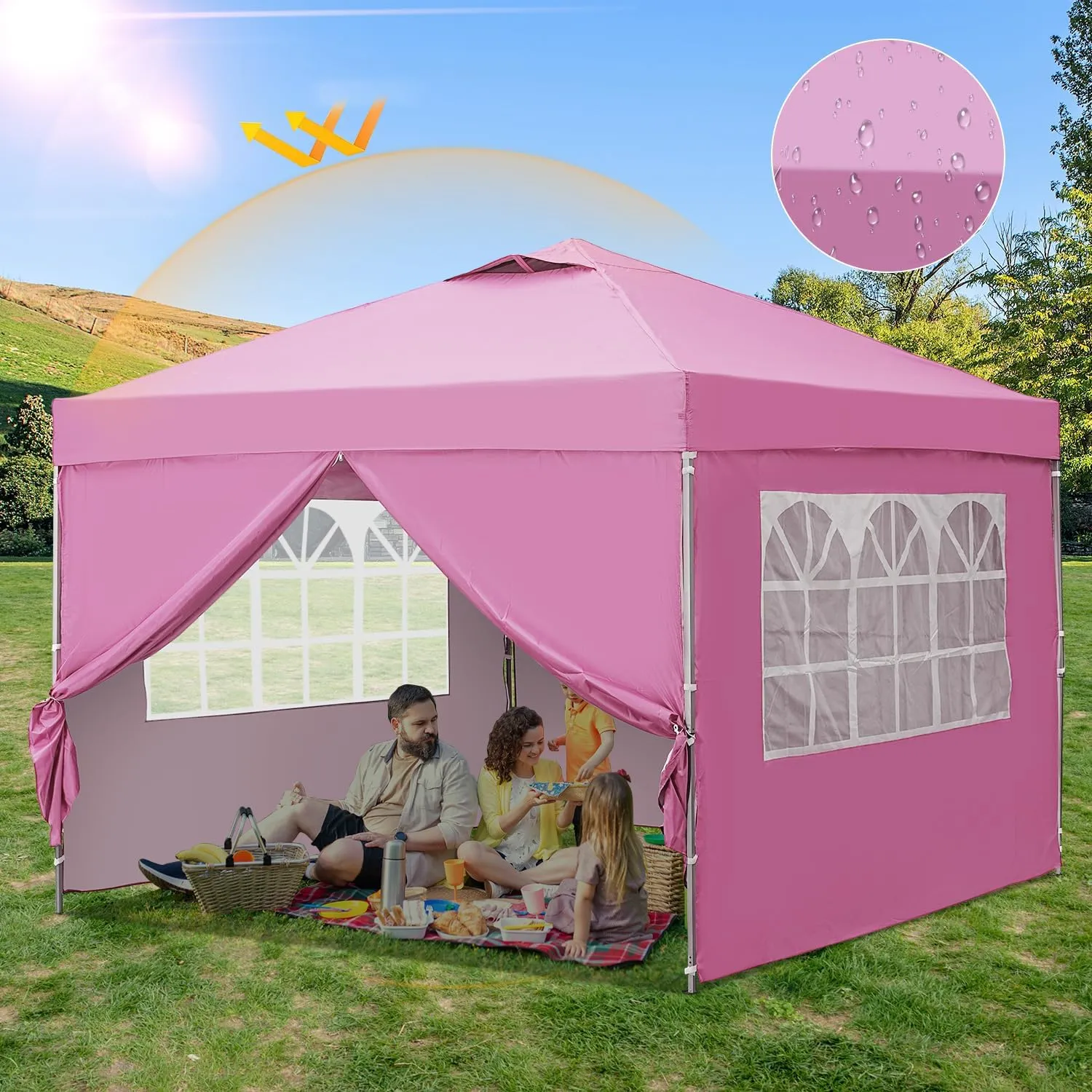 GDY 10x10ft Pop Up Canopy Tent with Sidewalls, Outdoor Canopy Tent, Beach Tent, Easy Set up Gazebo for Events, Parties, Camping, Pink.