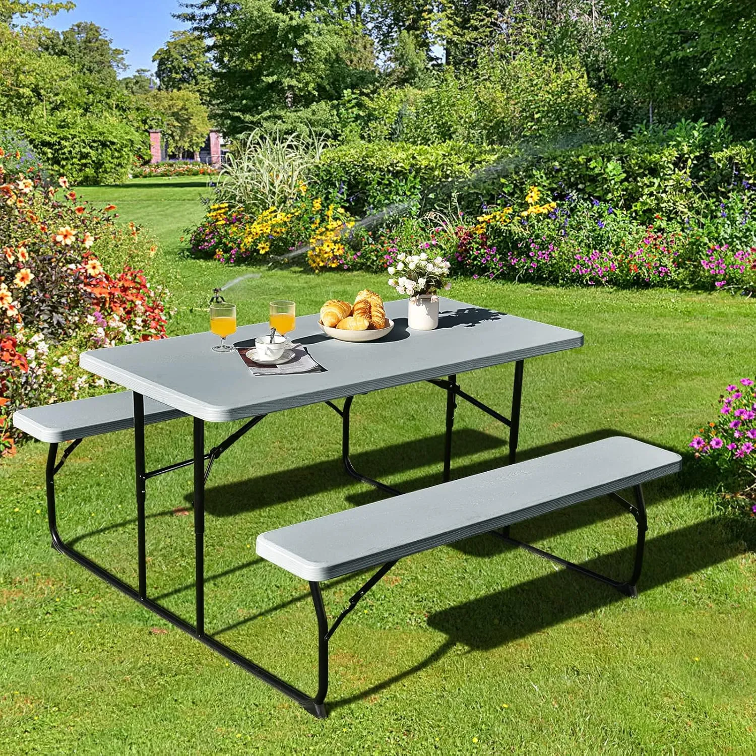 Giantex Folding Picnic Table Bench Set, Outdoor Dining Table Set, Large Camping Table for Patio Lawn Garden Poolside, Portable Picnic Tables, Weather Resistant Metal Frame (Folding Legs Design, Gray)