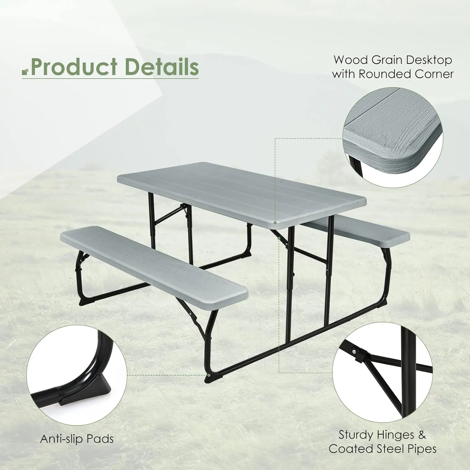 Giantex Folding Picnic Table Bench Set, Outdoor Dining Table Set, Large Camping Table for Patio Lawn Garden Poolside, Portable Picnic Tables, Weather Resistant Metal Frame (Folding Legs Design, Gray)
