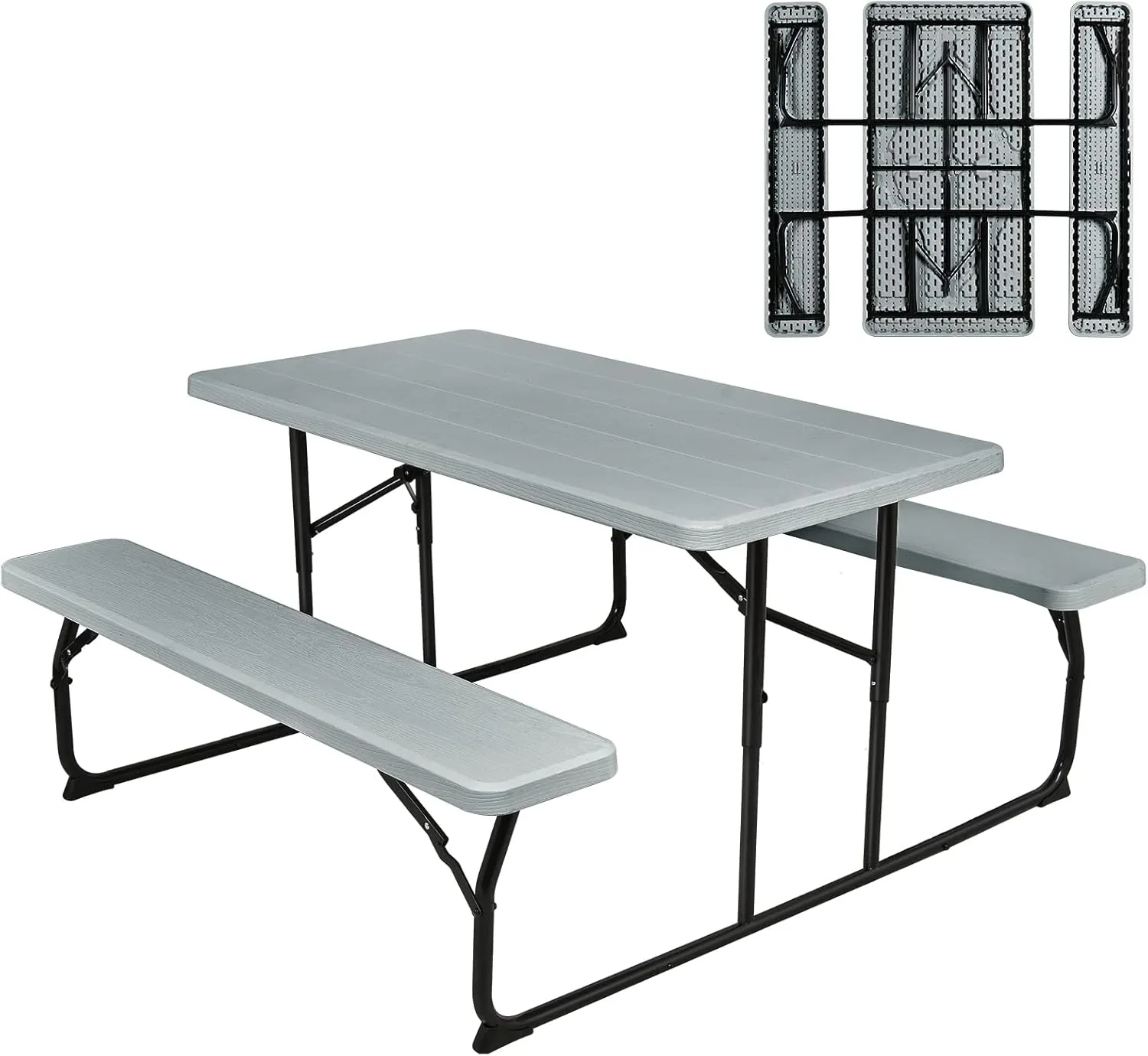 Giantex Folding Picnic Table Bench Set, Outdoor Dining Table Set, Large Camping Table for Patio Lawn Garden Poolside, Portable Picnic Tables, Weather Resistant Metal Frame (Folding Legs Design, Gray)