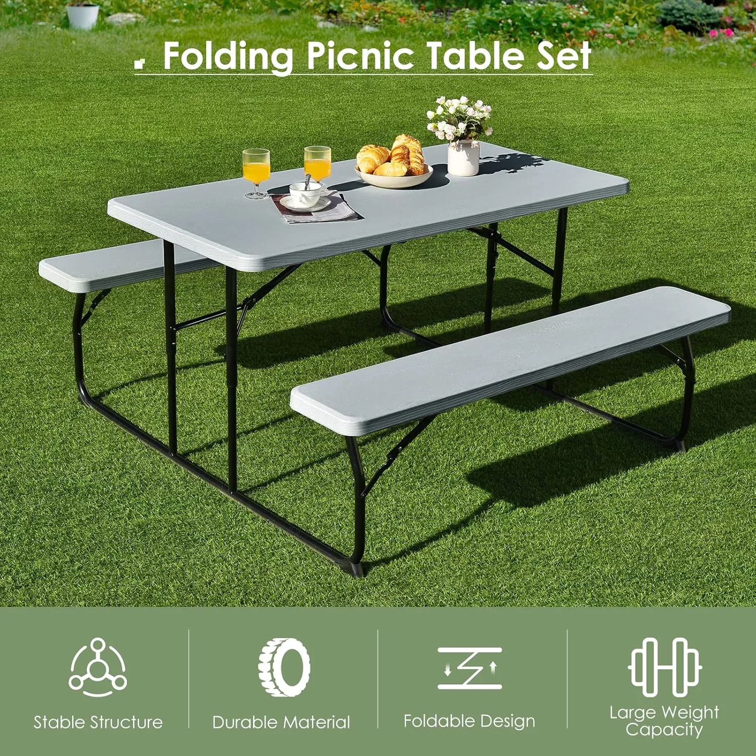Giantex Folding Picnic Table Bench Set, Outdoor Dining Table Set, Large Camping Table for Patio Lawn Garden Poolside, Portable Picnic Tables, Weather Resistant Metal Frame (Folding Legs Design, Gray)