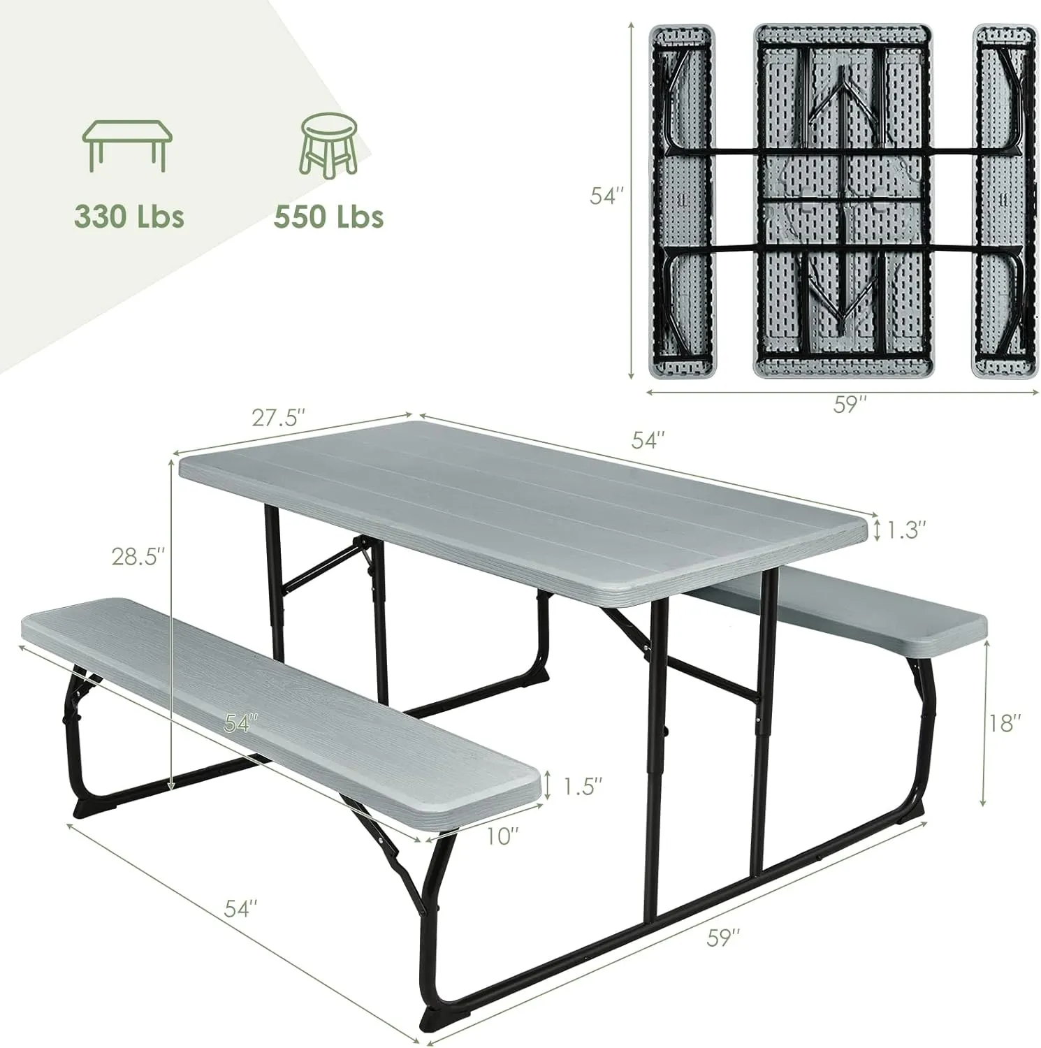 Giantex Folding Picnic Table Bench Set, Outdoor Dining Table Set, Large Camping Table for Patio Lawn Garden Poolside, Portable Picnic Tables, Weather Resistant Metal Frame (Folding Legs Design, Gray)