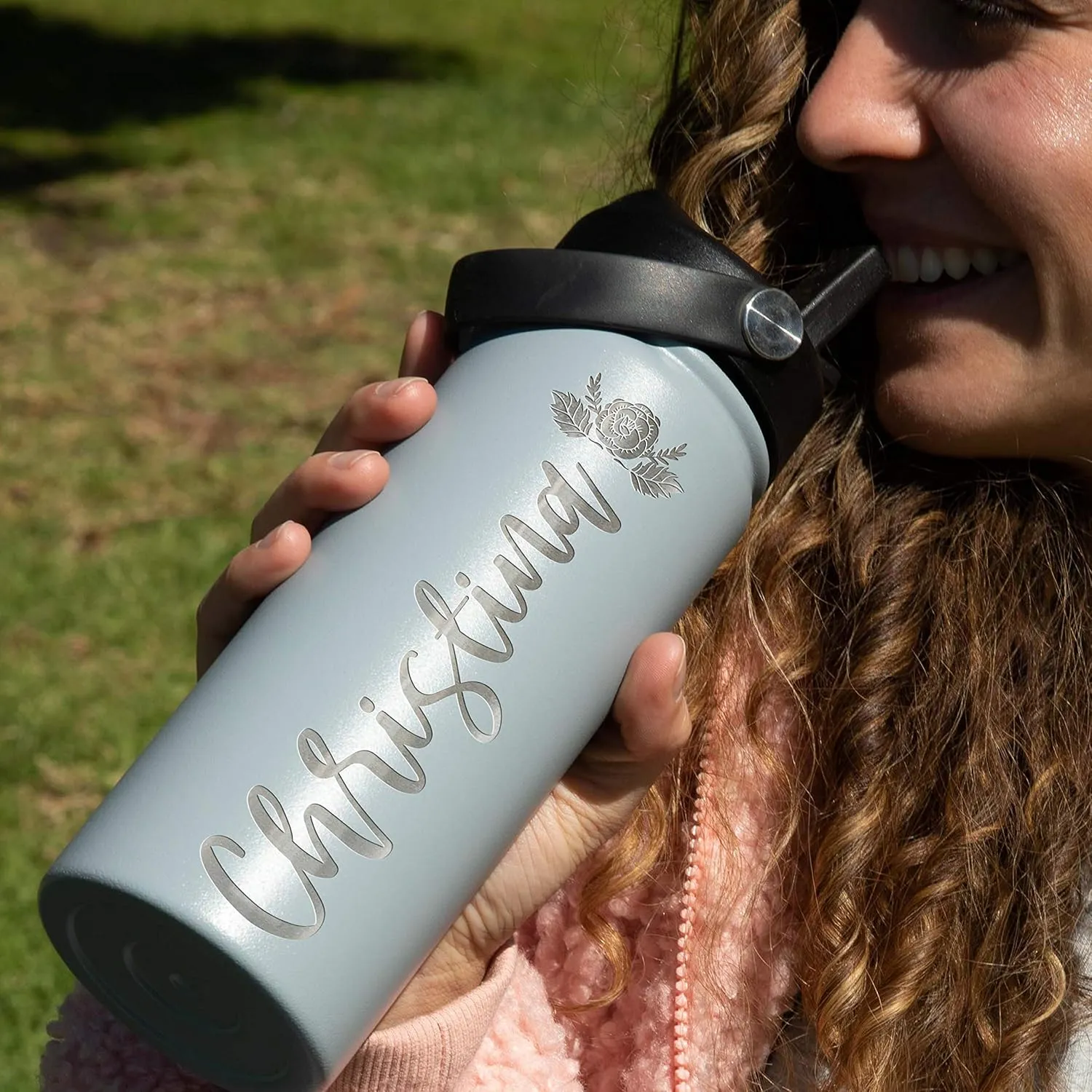 GIFTBYGIFTY Personalized Water Bottle w Straw Lid & Handle | 18 oz - Rose Gold, 12 Design Option | Custom Engraved Insulated Sports Water Bottle w Name, Text | BPA Free | Personalized Gifts