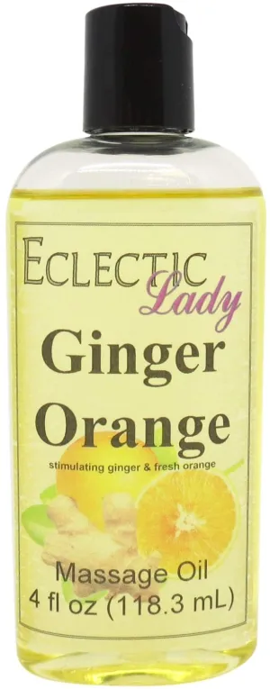 Ginger Orange Massage Oil, 4 oz, With Sweet Almond Oil and Jojoba Oil, Preservative Free, Perfect for Aromatherapy and Relaxation
