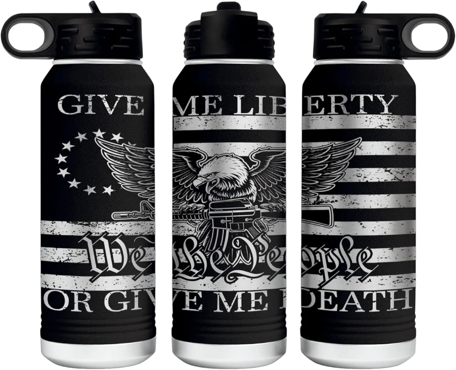 Give Me Liberty or Death 360 Degree Full Wrapped Patriotic Laser Engraved 32oz Water Bottle - Engraved in the USA (Black, 32)