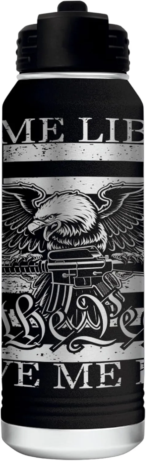 Give Me Liberty or Death 360 Degree Full Wrapped Patriotic Laser Engraved 32oz Water Bottle - Engraved in the USA (Black, 32)