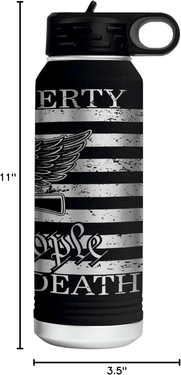 Give Me Liberty or Death 360 Degree Full Wrapped Patriotic Laser Engraved 32oz Water Bottle - Engraved in the USA (Black, 32)