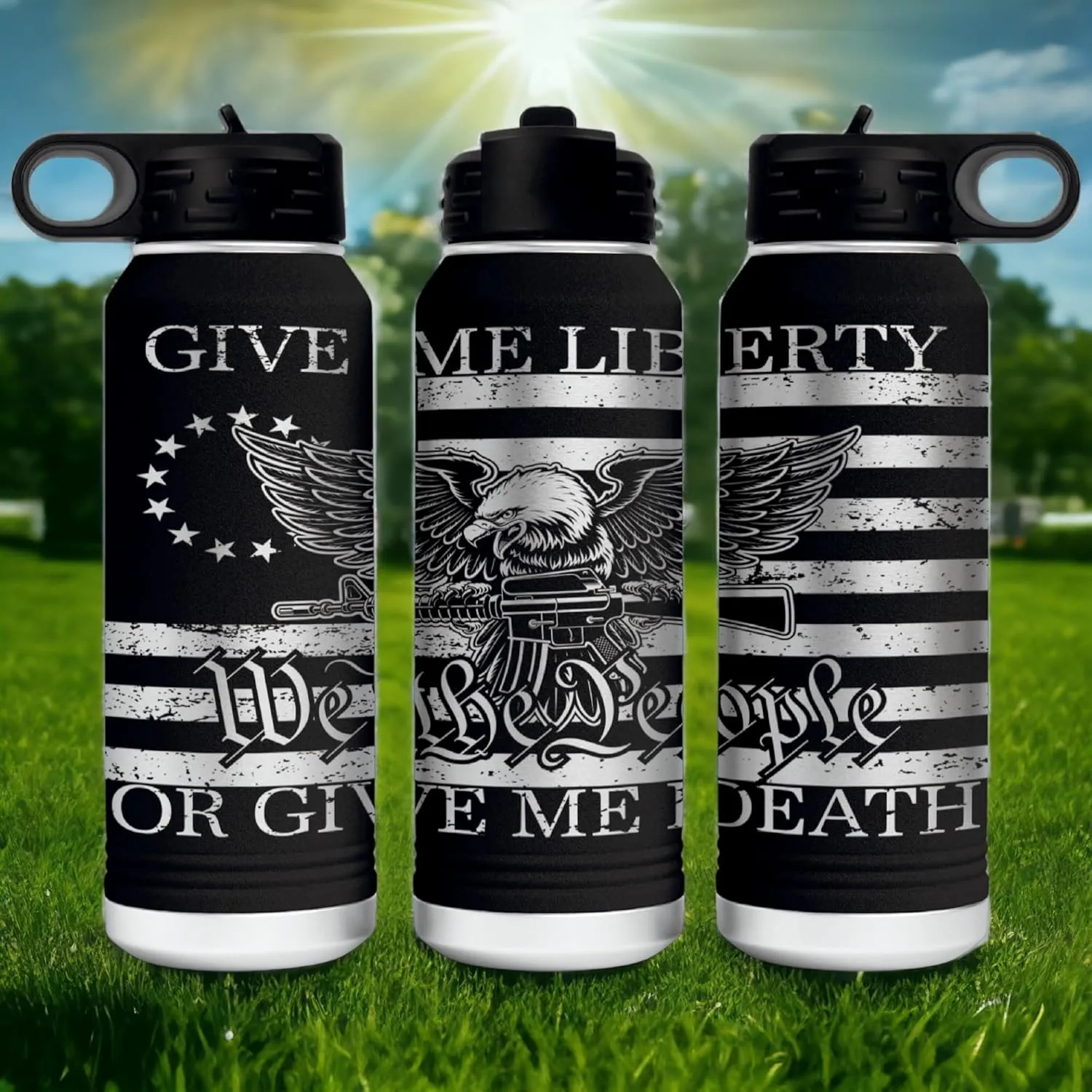 Give Me Liberty or Death 360 Degree Full Wrapped Patriotic Laser Engraved 32oz Water Bottle - Engraved in the USA (Black, 32)