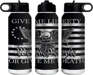 Give Me Liberty or Death 360 Degree Full Wrapped Patriotic Laser Engraved 32oz Water Bottle - Engraved in the USA (Black, 32)