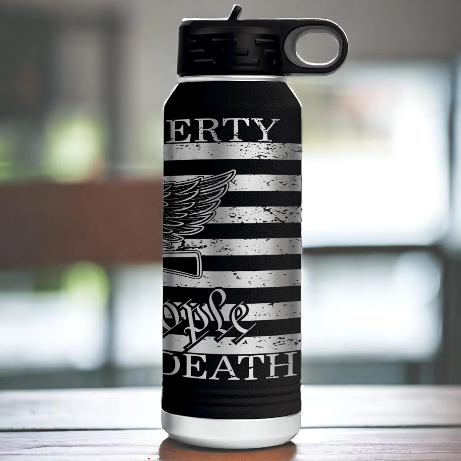 Give Me Liberty or Death 360 Degree Full Wrapped Patriotic Laser Engraved 32oz Water Bottle - Engraved in the USA (Black, 32)