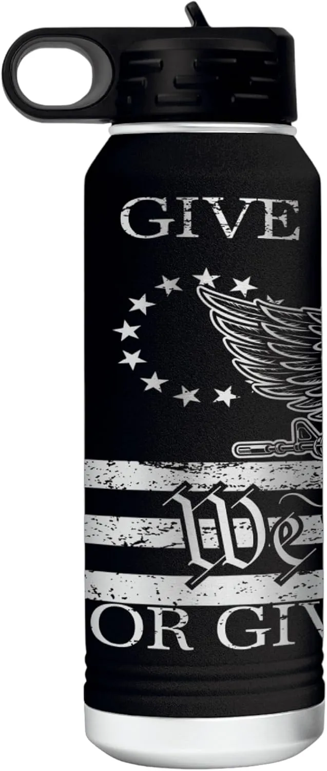 Give Me Liberty or Death 360 Degree Full Wrapped Patriotic Laser Engraved 32oz Water Bottle - Engraved in the USA (Black, 32)