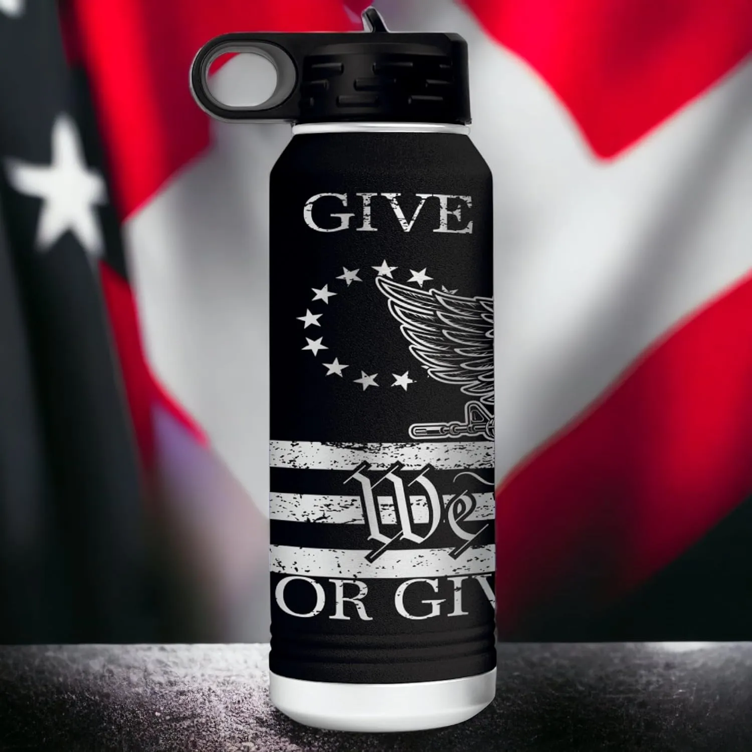 Give Me Liberty or Death 360 Degree Full Wrapped Patriotic Laser Engraved 32oz Water Bottle - Engraved in the USA (Black, 32)