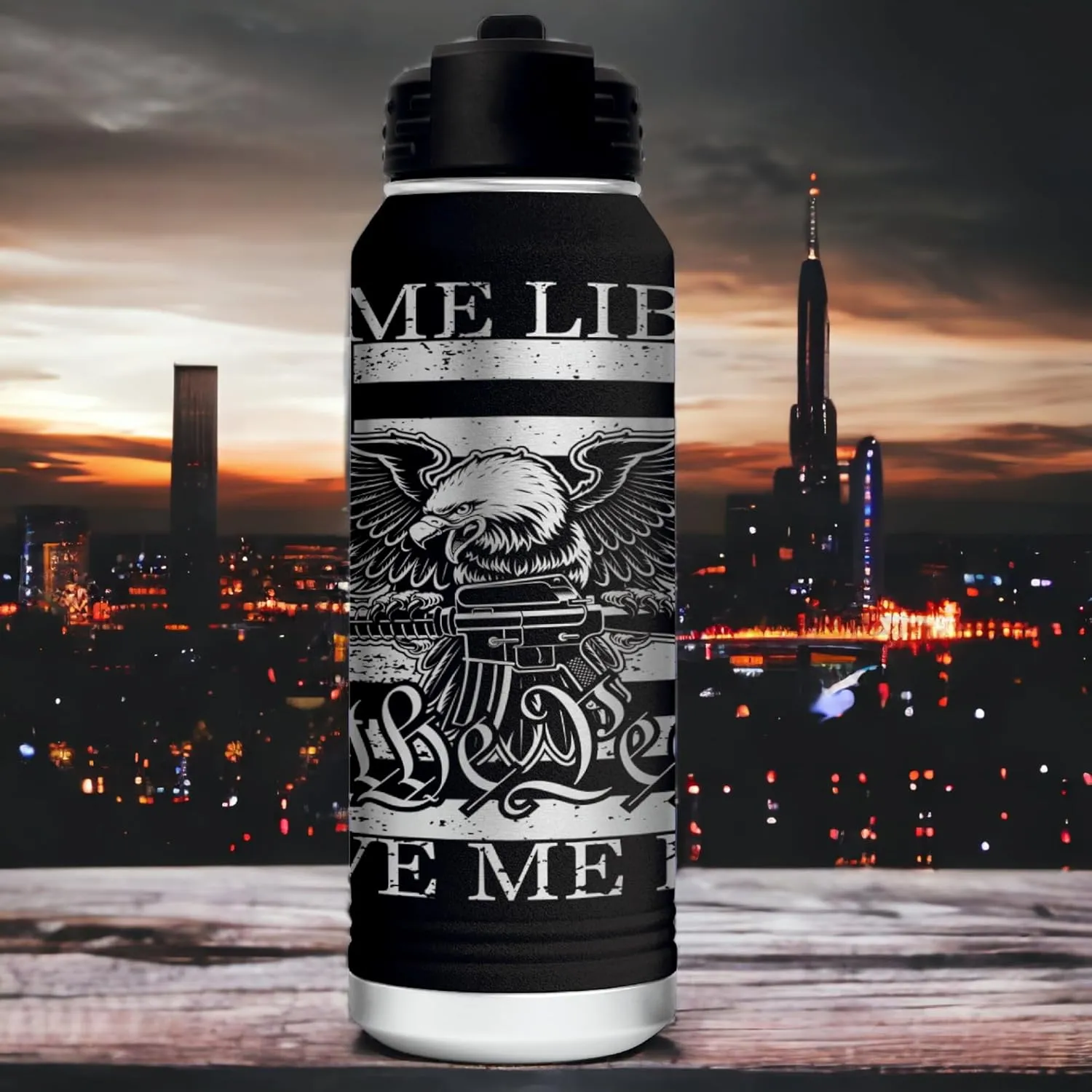 Give Me Liberty or Death 360 Degree Full Wrapped Patriotic Laser Engraved 32oz Water Bottle - Engraved in the USA (Black, 32)