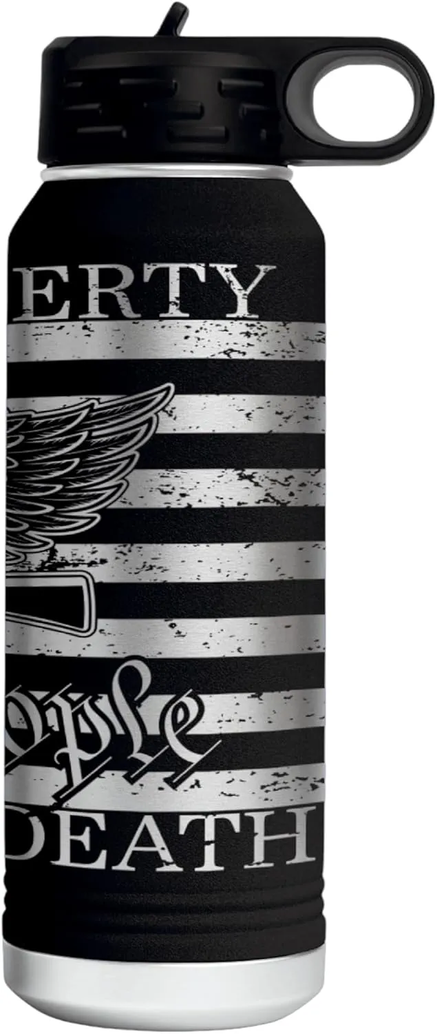 Give Me Liberty or Death 360 Degree Full Wrapped Patriotic Laser Engraved 32oz Water Bottle - Engraved in the USA (Black, 32)