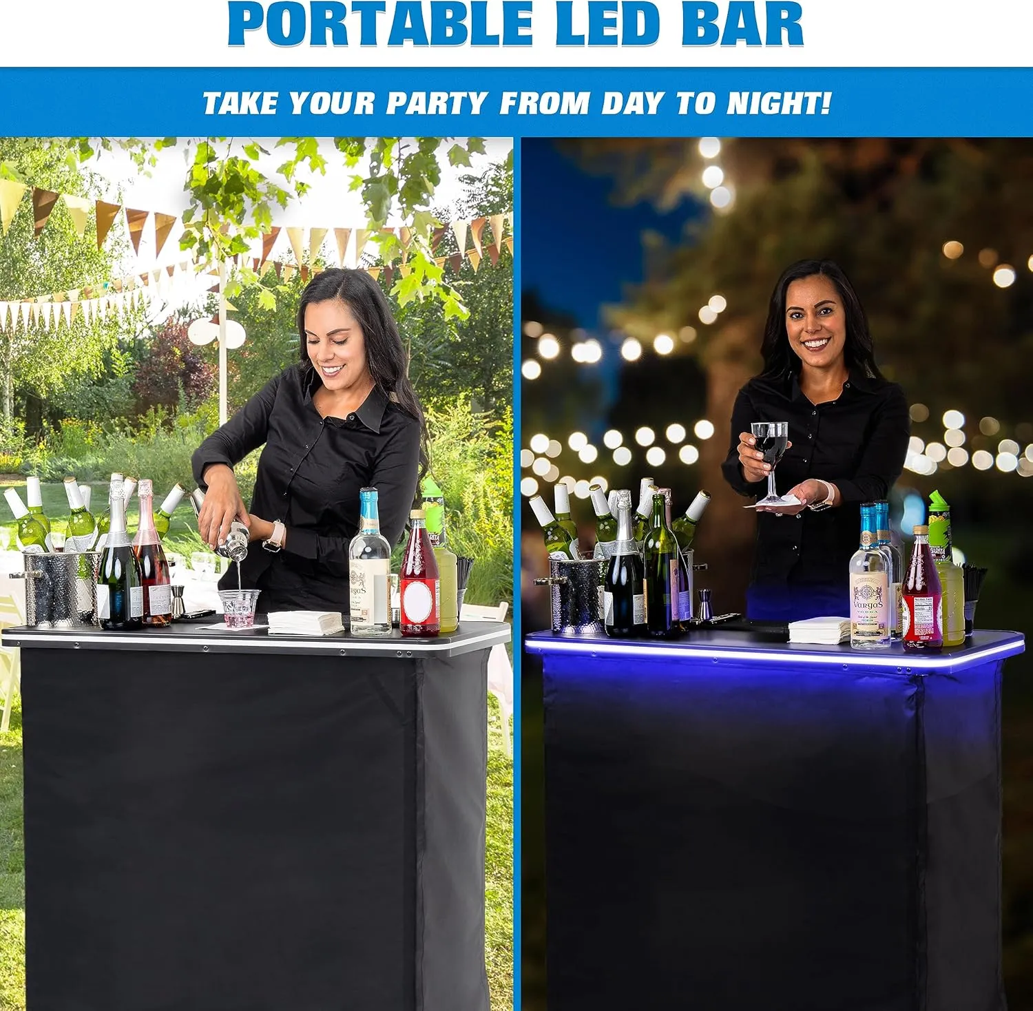 GoBar Portable Bar Table for Events - Black, 3 Skirts, or LED - Pop Up Mobile Bartending Station with Travel Carrying Case