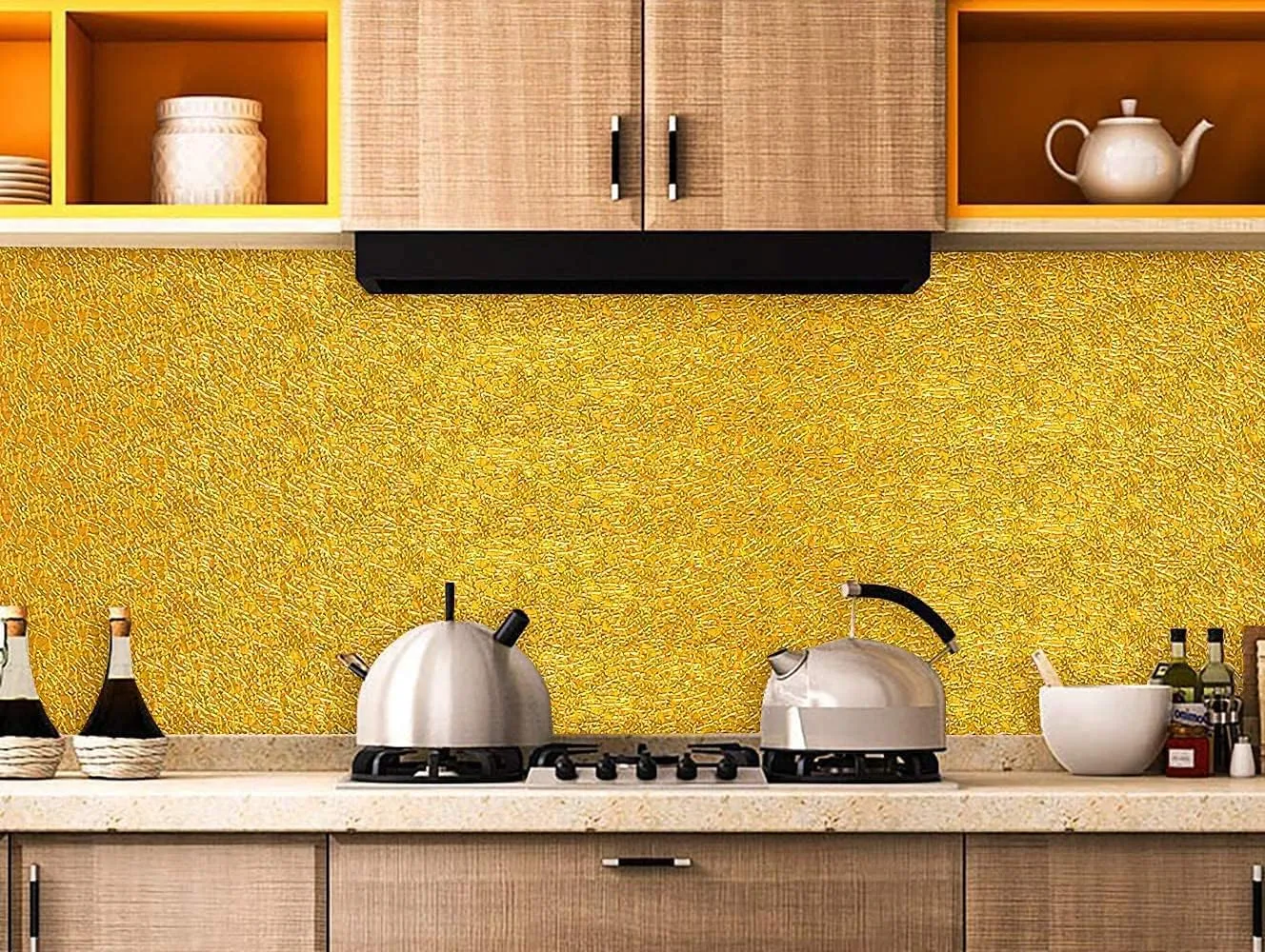 Gold Texture Contact Paper Peel and Stick Wallpaper Kitchen Self Adhesive Wallpaper Aluminum Foil Oil Proof Waterproof Removable Wall Paper for Countertop Cabinet Drawer 16"x197"