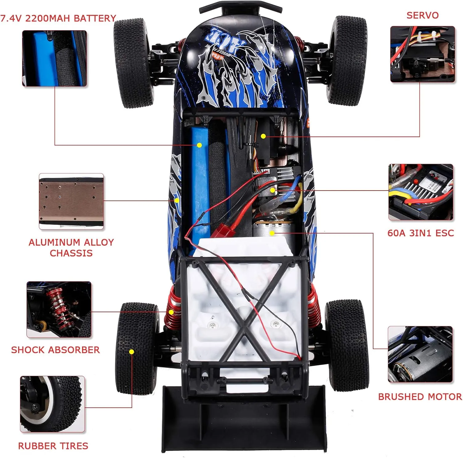 GoolRC WLtoys 124018 RC Car, 1/12 Scale 2.4GHz Remote Control Car, 4WD 60km/h High Speed Racing Car, Off-Road Buggy Drift Car RTR with Aluminum Alloy Chassis, Zinc Alloy Gear and 2 Batteries