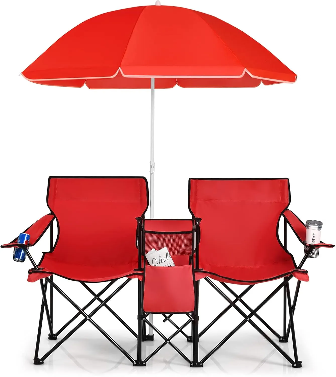 Goplus Double Camping Chair with Umbrella, Folding Loveseat Chairs w/Canopy Shade, Carrying Bag, Table, Cup Holder, Portable Beach Chairs Outdoor Picnic Patio (Red)