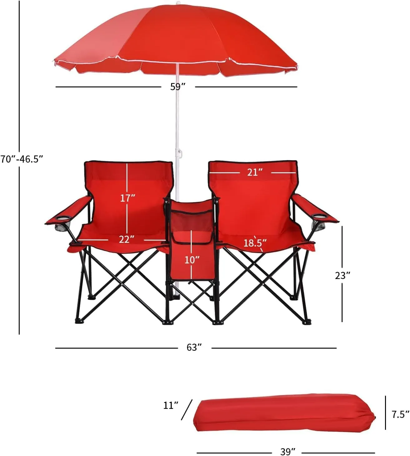 Goplus Double Camping Chair with Umbrella, Folding Loveseat Chairs w/Canopy Shade, Carrying Bag, Table, Cup Holder, Portable Beach Chairs Outdoor Picnic Patio (Red)