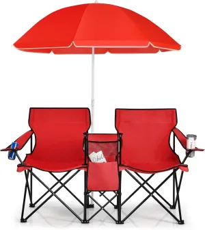 Goplus Double Camping Chair with Umbrella, Folding Loveseat Chairs w/Canopy Shade, Carrying Bag, Table, Cup Holder, Portable Beach Chairs Outdoor Picnic Patio (Red)