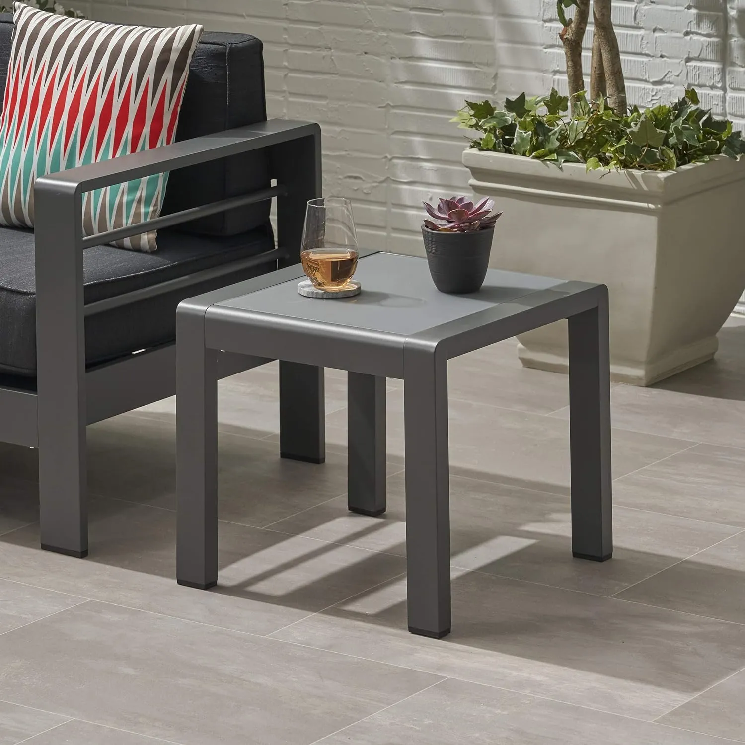Great Deal Furniture Giovanna Coral Outdoor Aluminum Side Table with Glass Top, Matte Gray and Gray Finish