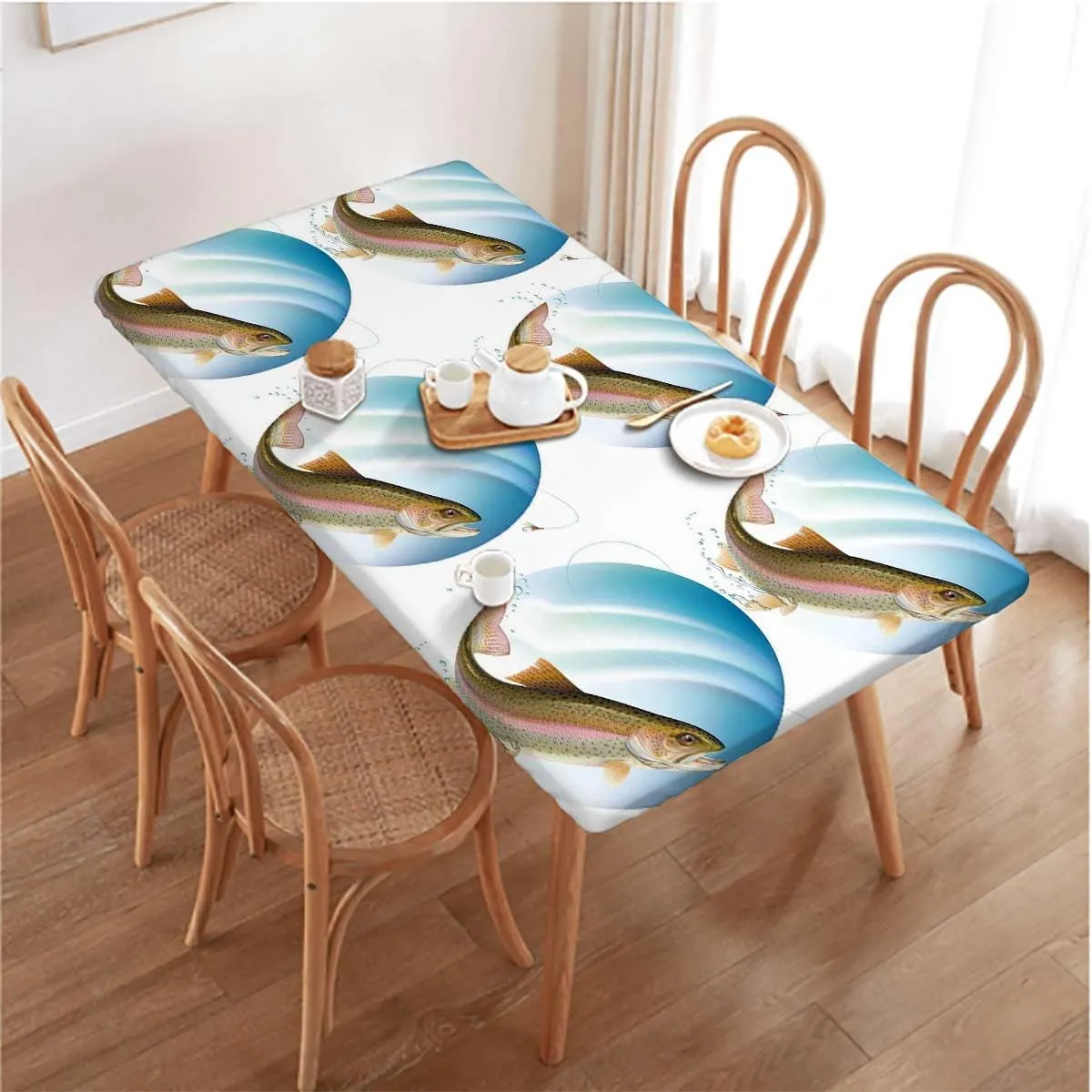 Green Blue Tablecloth Elastic Edge Fitted Fishing Largemouth Sea Bass Fitted Tablecloth Rectangle Table Cover - Table Cloth - Fitted Table Covers Buddies Fits up 5 Foot Tables