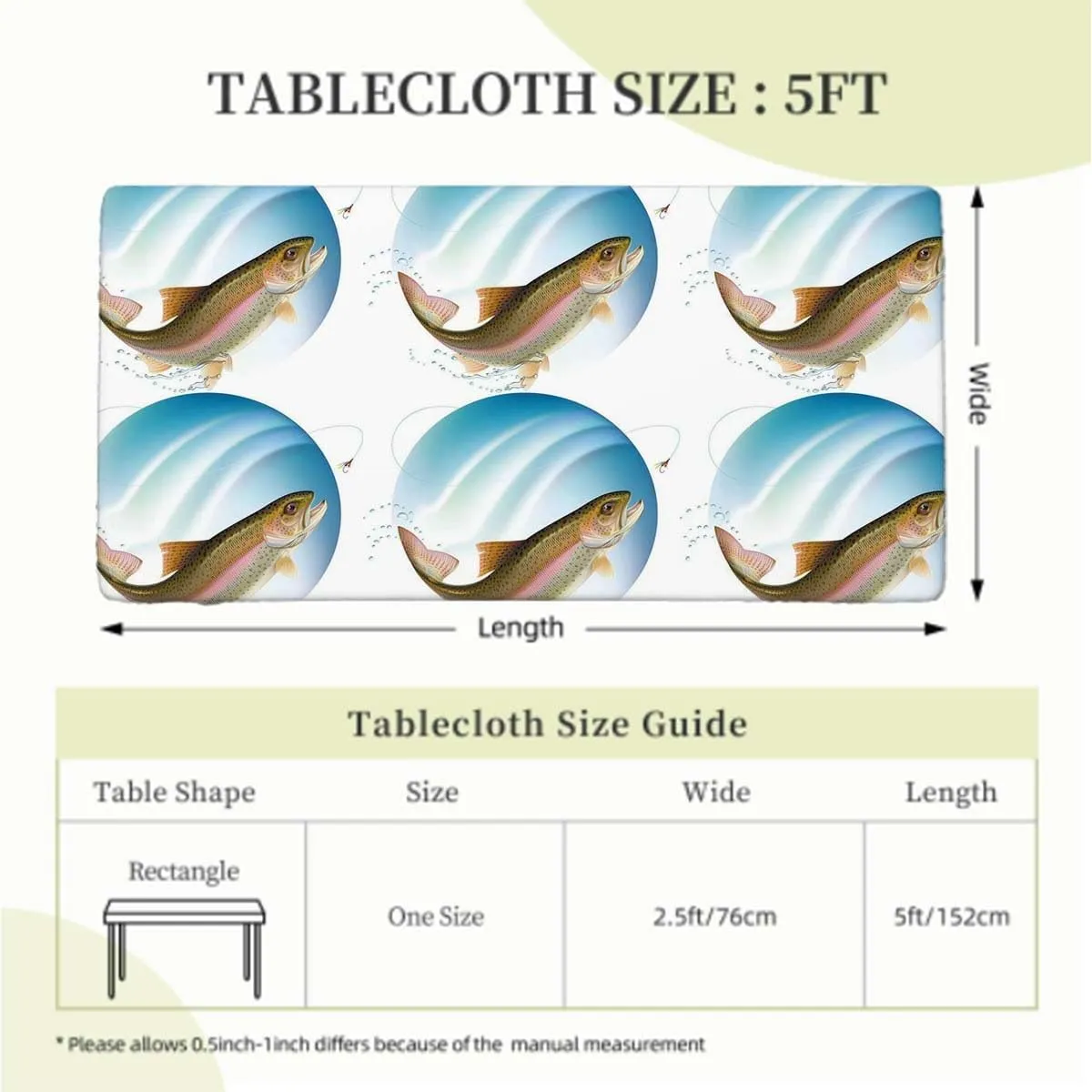 Green Blue Tablecloth Elastic Edge Fitted Fishing Largemouth Sea Bass Fitted Tablecloth Rectangle Table Cover - Table Cloth - Fitted Table Covers Buddies Fits up 5 Foot Tables