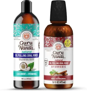 GuruNanda Ayurvedic Oil Pulling Bundle – Coconut Oil & Ashwagandha Neem Oil (16 oz) for Fresh Breath, Stronger Teeth & Happier Gums