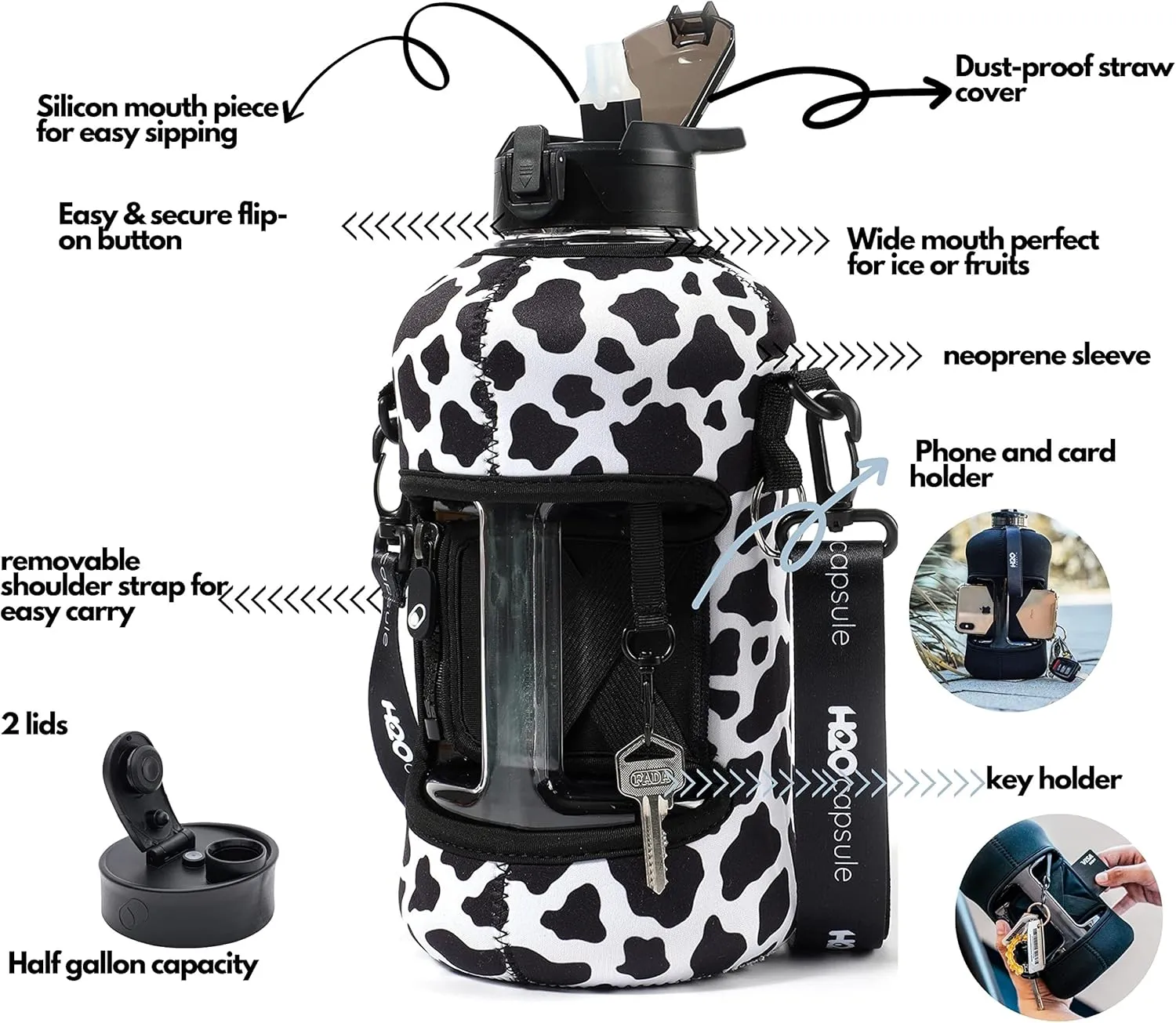 H2O Capsule 2.2L Half Gallon Water Bottle with Storage Sleeve and Covered Straw Lid – BPA Free Large Reusable Drink Container with Handle - Big Sports Jug, 2.2 Liter (74 Ounce)