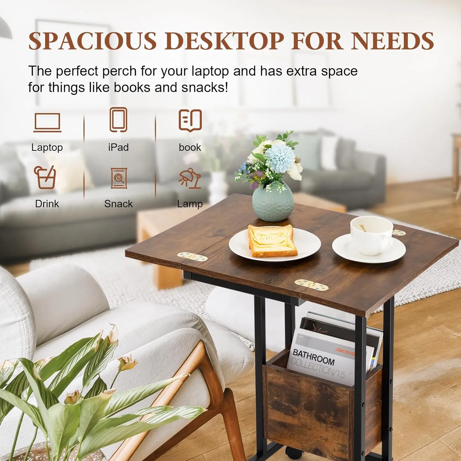 Hadulcet C Shaped End Table with Charging Station & Foldable Tabletop, Folding TV Tray Table with Storage, Rolling TV Trays, C Table for Living Room Bedroom Small Spaces, Rustic Brown