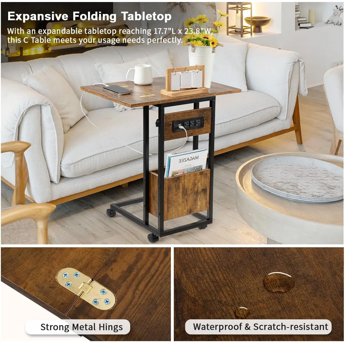 Hadulcet C Shaped End Table with Charging Station & Foldable Tabletop, Folding TV Tray Table with Storage, Rolling TV Trays, C Table for Living Room Bedroom Small Spaces, Rustic Brown
