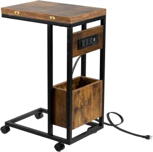 Hadulcet C Shaped End Table with Charging Station & Foldable Tabletop, Folding TV Tray Table with Storage, Rolling TV Trays, C Table for Living Room Bedroom Small Spaces, Rustic Brown