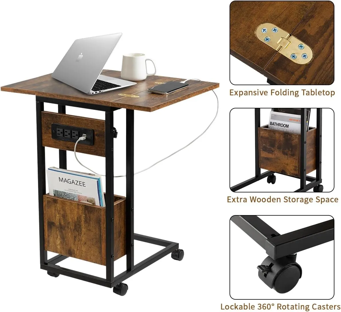 Hadulcet C Shaped End Table with Charging Station & Foldable Tabletop, Folding TV Tray Table with Storage, Rolling TV Trays, C Table for Living Room Bedroom Small Spaces, Rustic Brown