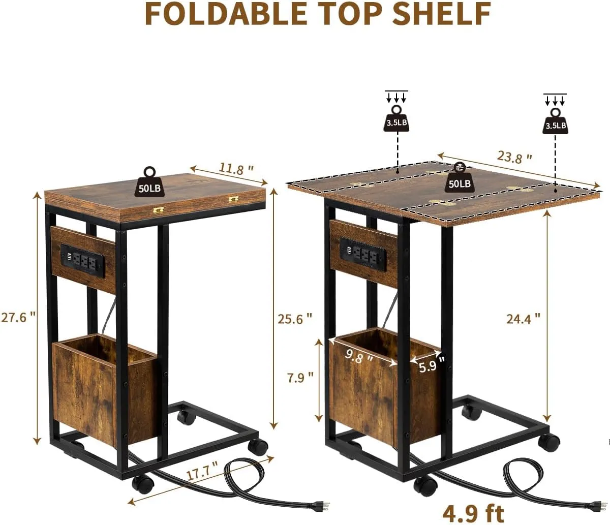 Hadulcet C Shaped End Table with Charging Station & Foldable Tabletop, Folding TV Tray Table with Storage, Rolling TV Trays, C Table for Living Room Bedroom Small Spaces, Rustic Brown