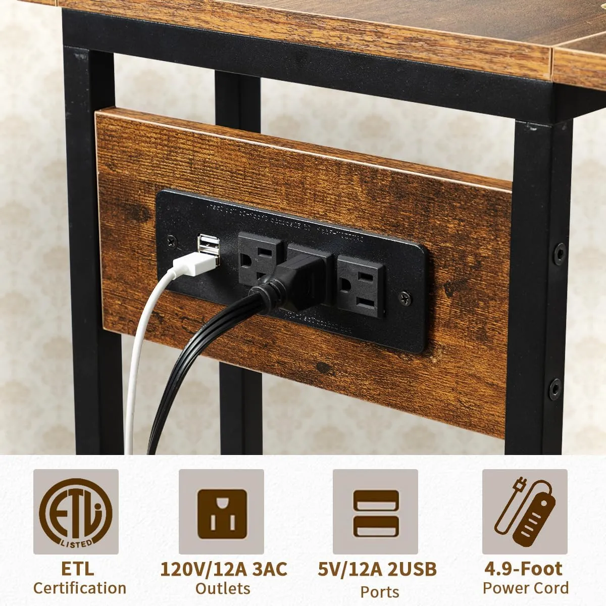 Hadulcet C Shaped End Table with Charging Station & Foldable Tabletop, Folding TV Tray Table with Storage, Rolling TV Trays, C Table for Living Room Bedroom Small Spaces, Rustic Brown