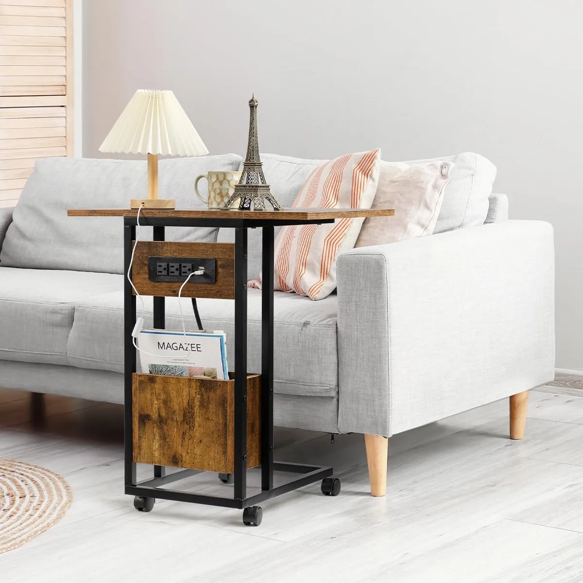 Hadulcet C Shaped End Table with Charging Station & Foldable Tabletop, Folding TV Tray Table with Storage, Rolling TV Trays, C Table for Living Room Bedroom Small Spaces, Rustic Brown
