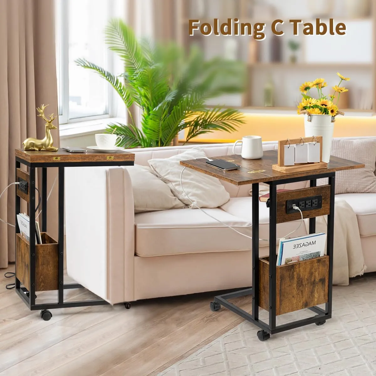 Hadulcet C Shaped End Table with Charging Station & Foldable Tabletop, Folding TV Tray Table with Storage, Rolling TV Trays, C Table for Living Room Bedroom Small Spaces, Rustic Brown