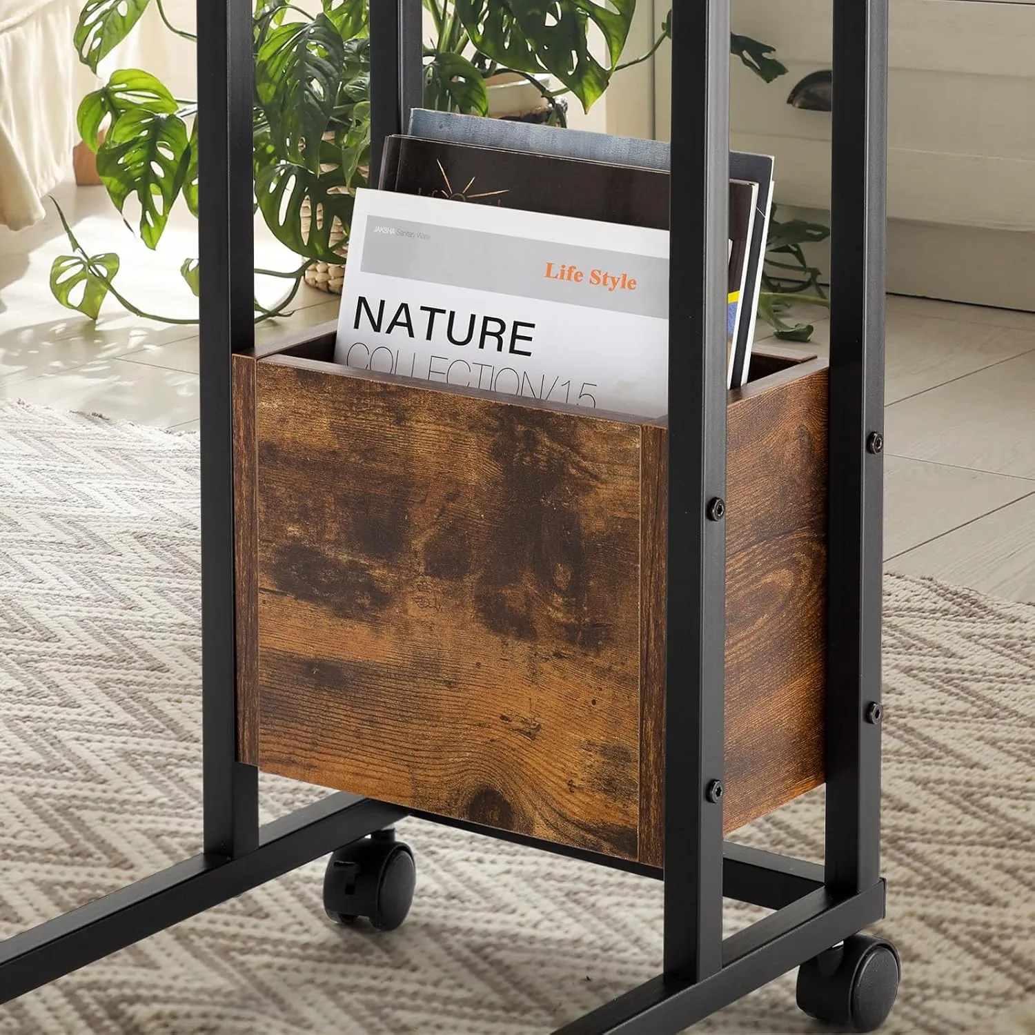 Hadulcet C Shaped End Table with Charging Station & Foldable Tabletop, Folding TV Tray Table with Storage, Rolling TV Trays, C Table for Living Room Bedroom Small Spaces, Rustic Brown