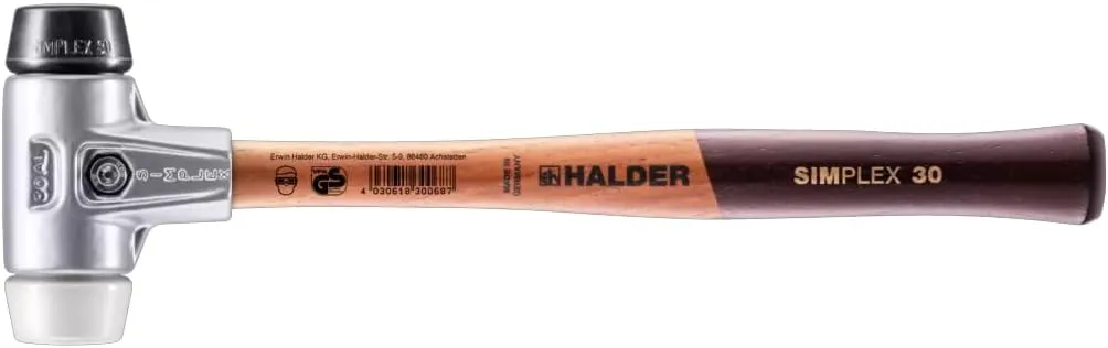 Halder Simplex Soft-Faced Mallet, Medium-Hard Rubber Insert, Medium-Hard Superplastic Insert, Lightweight Aluminum Housing with Handle Protection Sleeve, Varnished Wooden Handle, 30mm, 7.05 Oz.