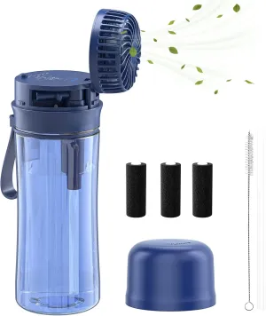 HandFan Bottle - 20 oz, 2 Lids (Straw Lids), Leak Proof - Fitness Water Bottles and Flasks with Cooling Handheld Fan for Men, Women and Children - Valentine's Day Gift for Men or Women - Blue