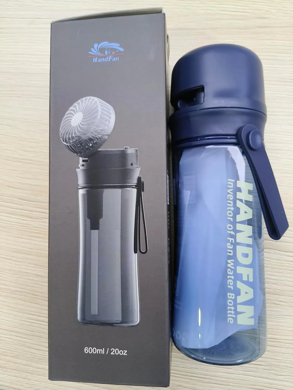 HandFan Bottle - 20 oz, 2 Lids (Straw Lids), Leak Proof - Fitness Water Bottles and Flasks with Cooling Handheld Fan for Men, Women and Children - Valentine's Day Gift for Men or Women - Blue