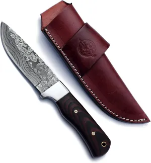 Handmade Damascus Steel Knife Bowie for Hunting,Survival,Camping,Bushcraft,and Fishing Fixed Blade with Drop Point Full Tang Micarta Handle,Leather Sheath - WKD-778