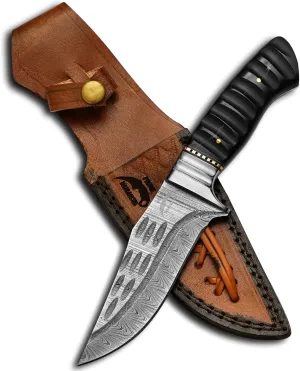 Handmade Skinning Damascus Steel Hunting Knife With Leather Sheath- Full Tang Cool Knives For Outdoor Camping- Best Outdoorsman Gift