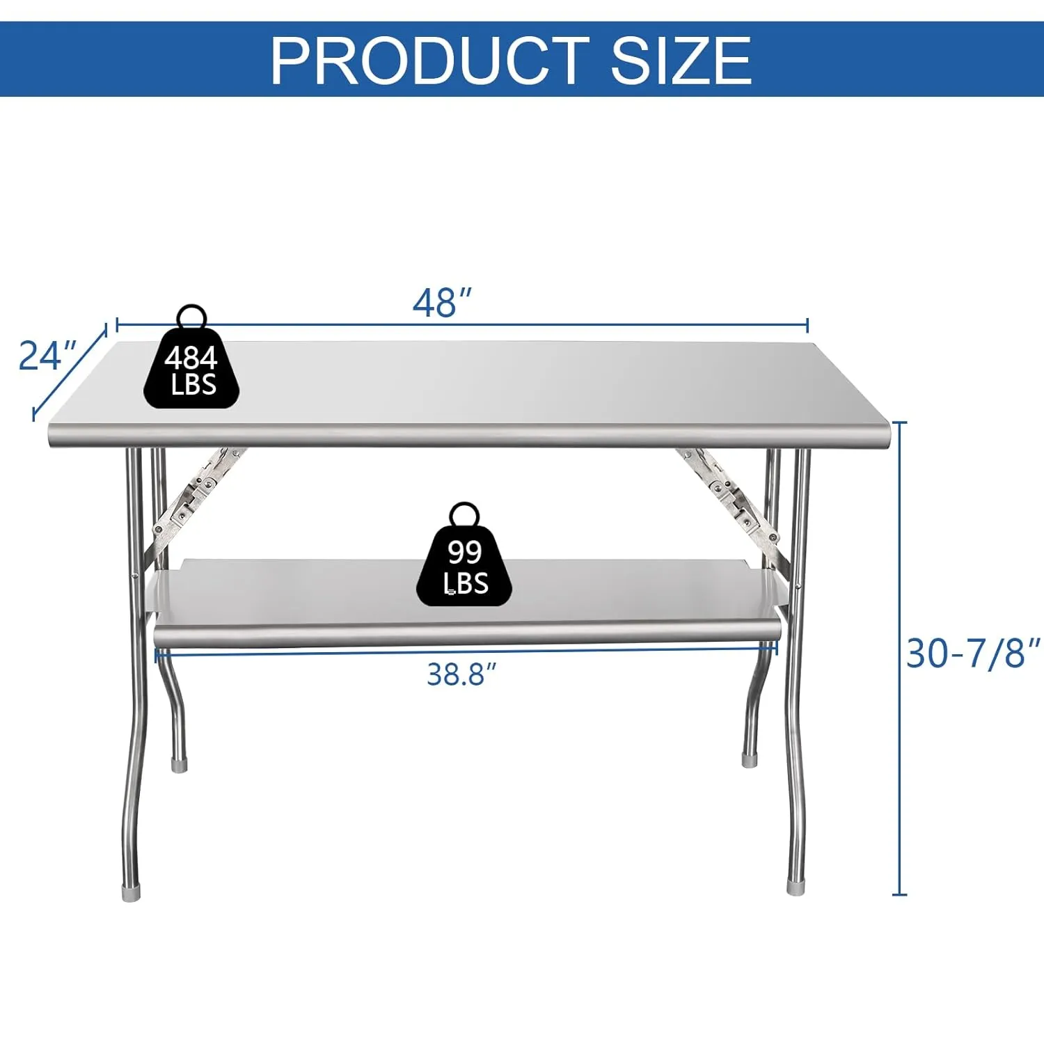 HARDURA Folding Stainless Steel Table 24X48 Inches with Adjustable Undershelf and Galvanized Legs NSF Commercial Portable Folding Prep Table for Restaurant Kitchen Home and Hotel