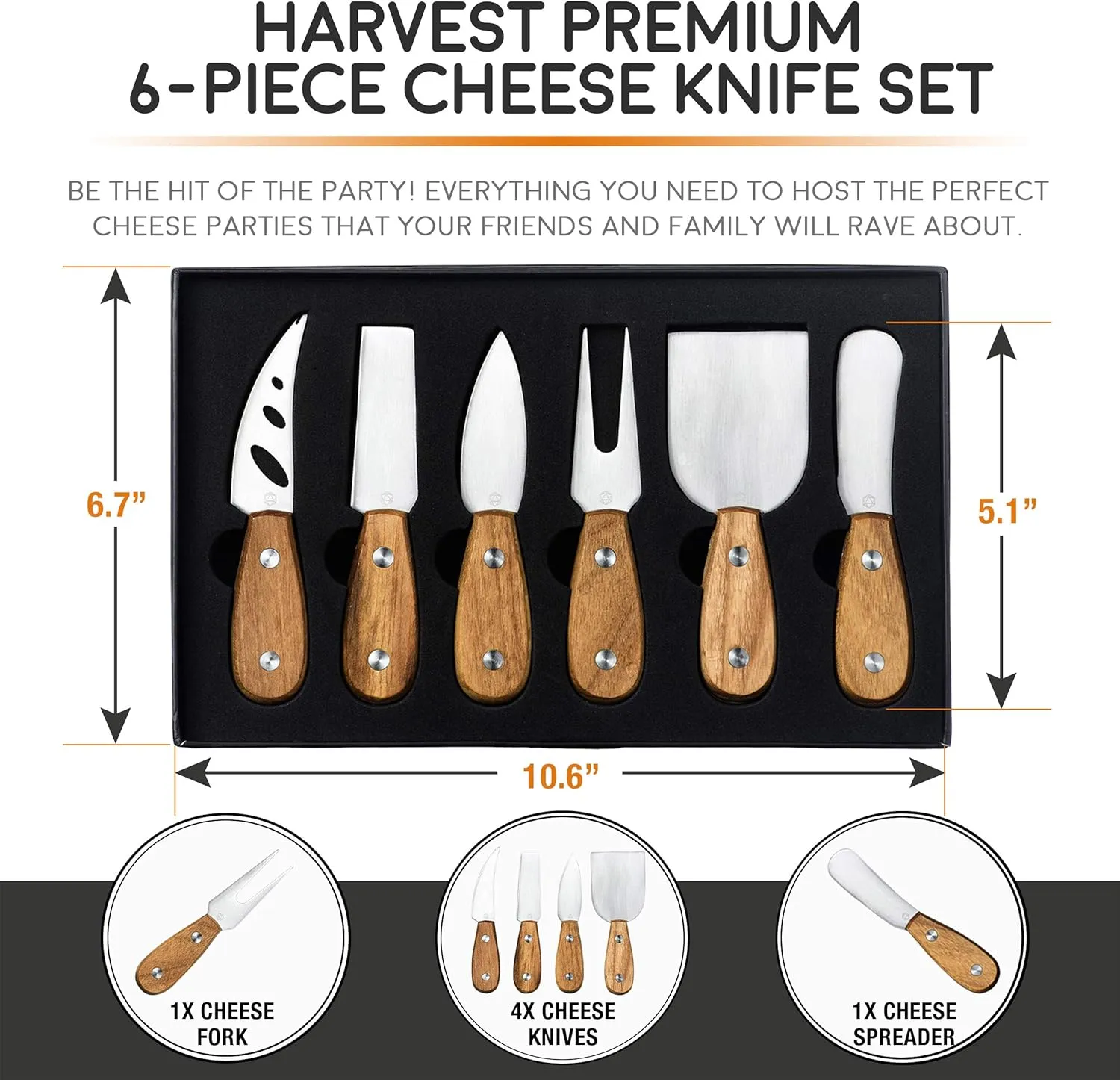 Harvest 6-Piece Cheese Knife Set (Gift-Ready) - Premium Stainless Steel Cheese Knives with Rivets, Full Tang Blades and Teak Wood Handle Charcuterie Board Accessories w/ 15 Festive Recipes