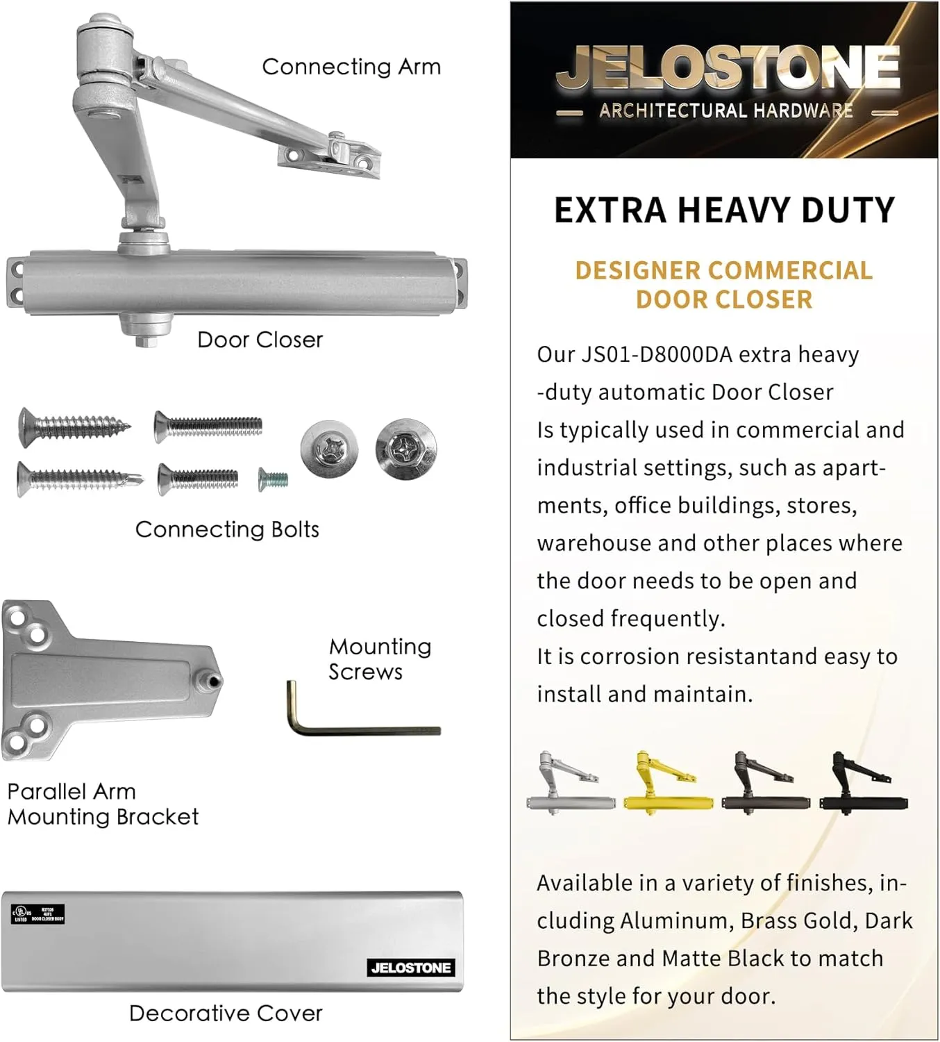 Heavy Duty, Commercial Door Closer D8000DA, ANSI Grade 1, UL 3 Hour Fire Rated, ADA Compliant, Delayed Action, Adjustable Spring Size 1-6 for Doors(44-330LB/30-60 in), Indoor/Outdoor (Aluminum)