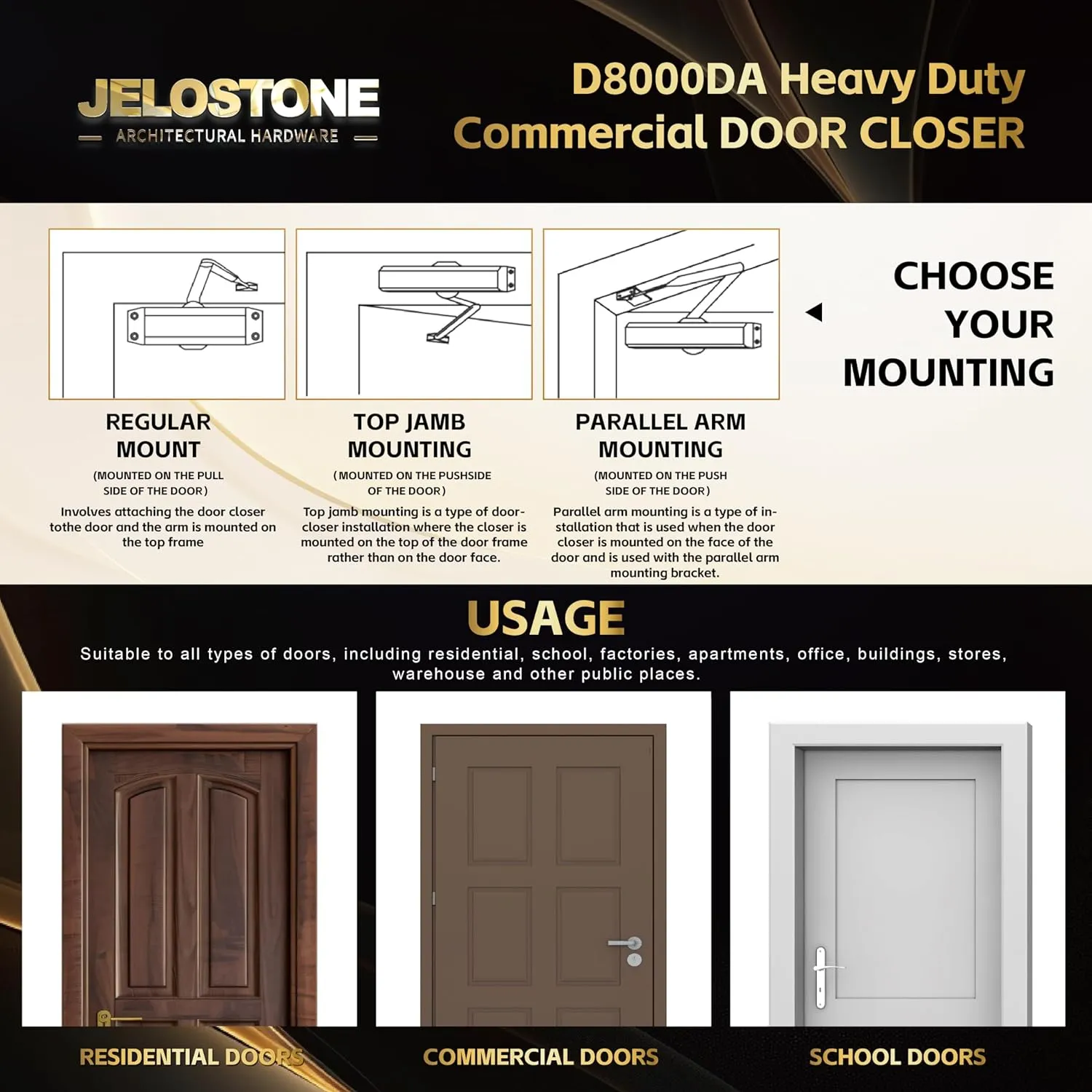 Heavy Duty, Commercial Door Closer D8000DA, ANSI Grade 1, UL 3 Hour Fire Rated, ADA Compliant, Delayed Action, Adjustable Spring Size 1-6 for Doors(44-330LB/30-60 in), Indoor/Outdoor (Aluminum)
