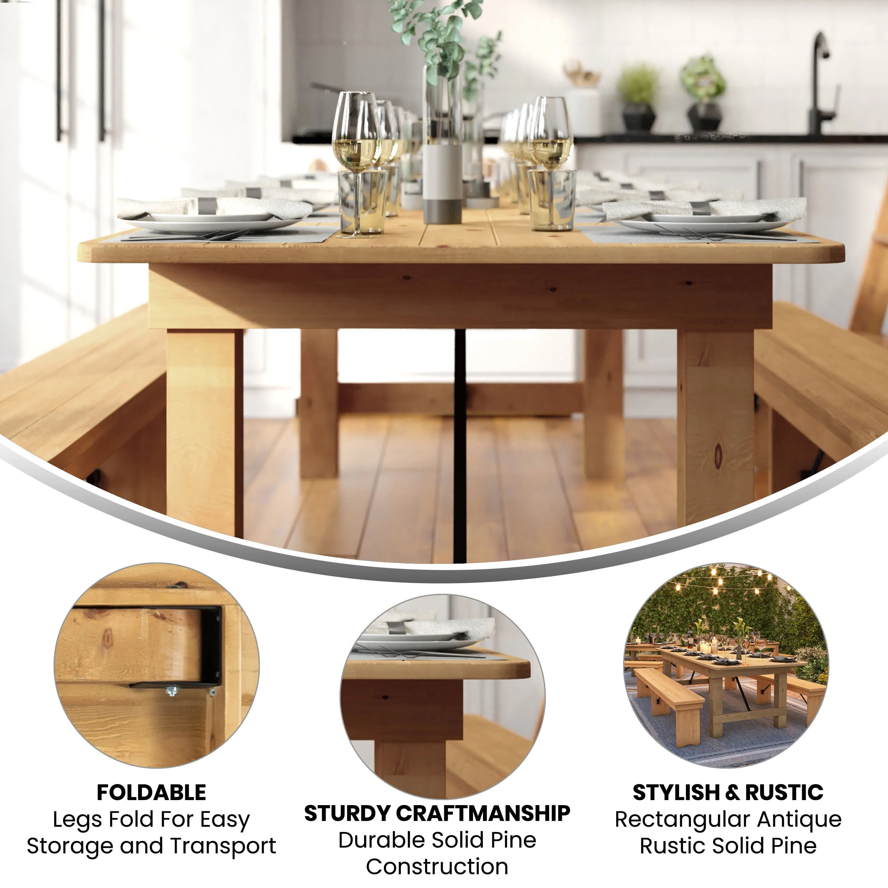 HERCULES Series 9' x 40" Rectangular Solid Pine Folding Farm Table